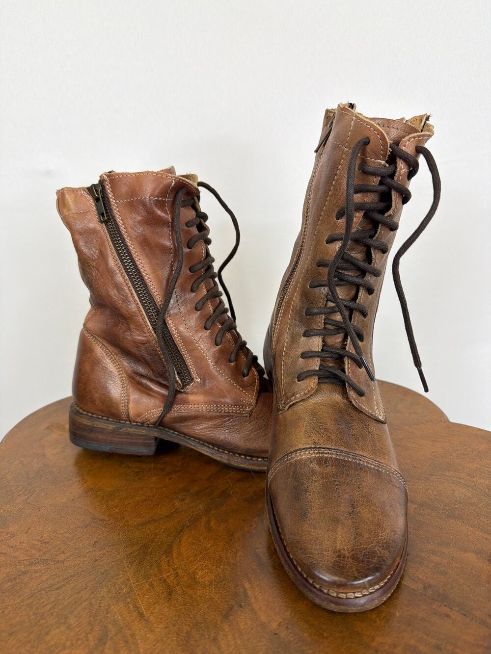 Bed Stu Brown Leather Double Side Zip Lace Up Stacked Heel Boots Size 7.5 M